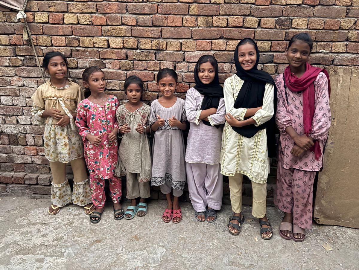 Seven smiling girls standing against a brick wall